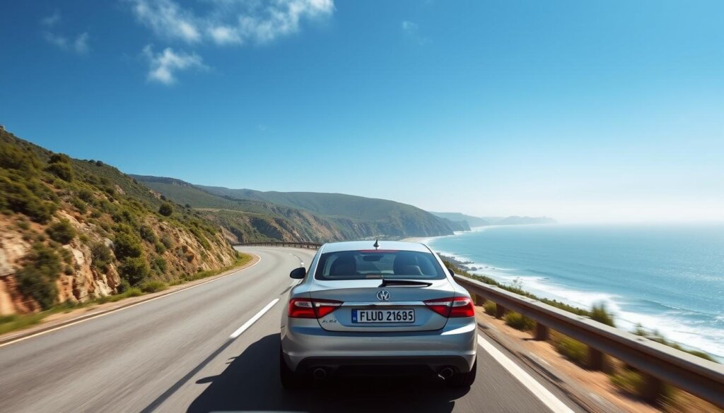 Carro em uma rota panorâmica em direção a Portugal, após passar pelos pedágios Paris-Portugal.