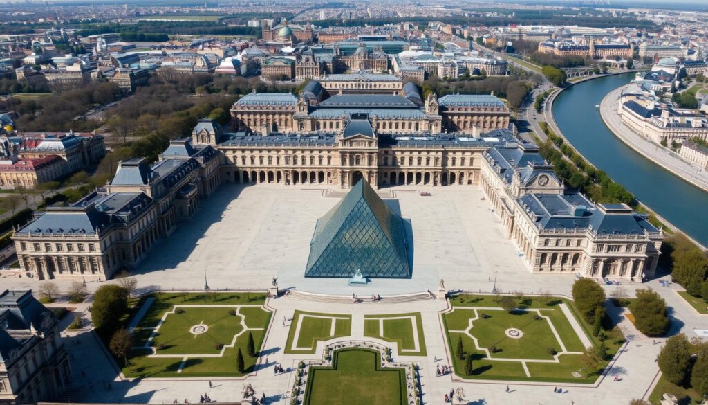 Vue aérienne du palais du Louvre montrant l'ensemble architectural dans son contexte urbain