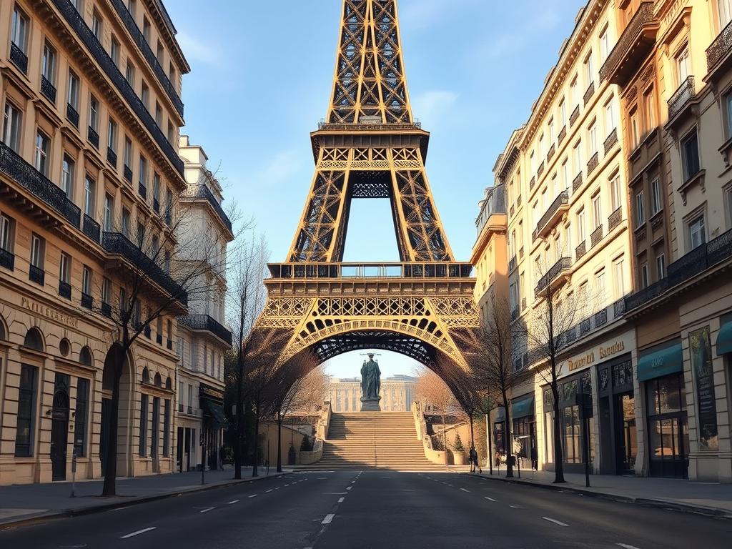 Vue de la Tour Eiffel depuis l'Avenue de Camoëns avec son escalier caractéristique