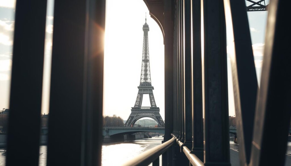 Vue de la Tour Eiffel depuis le Pont de Bir-Hakeim avec son architecture métallique caractéristique