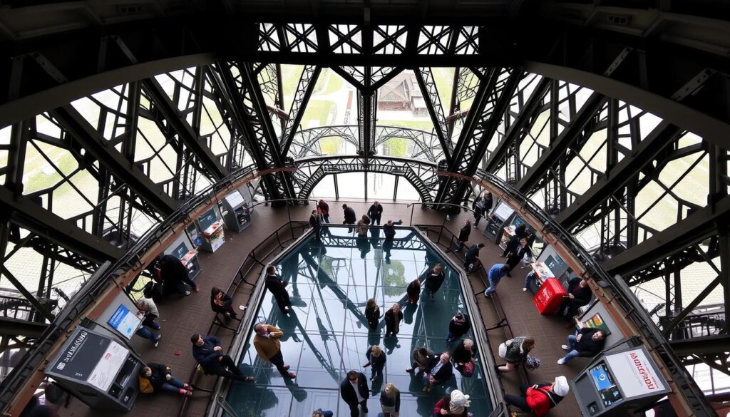 Vista interior do primeiro andar da Torre Eiffel com seu piso de vidro.