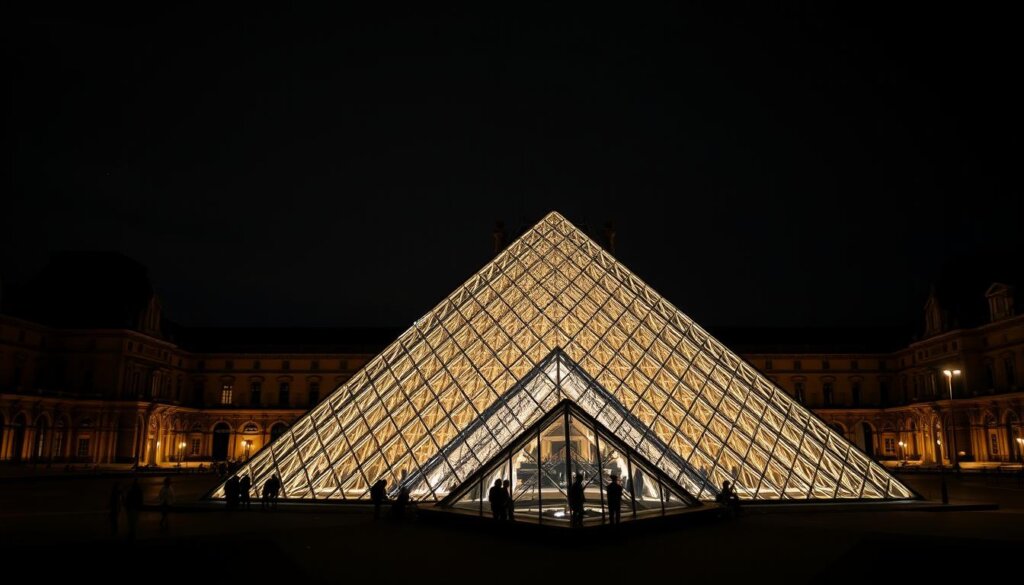 Vue nocturne de la pyramide du Louvre illuminée pendant une exposition temporaire récente musée du Louvre