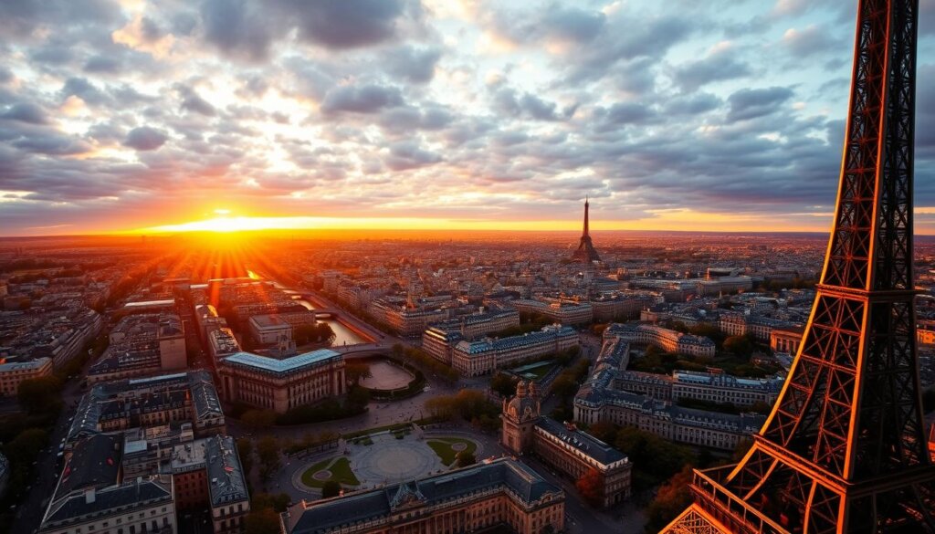 Vista panorâmica de Paris a partir da Torre Eiffel ao pôr do sol.