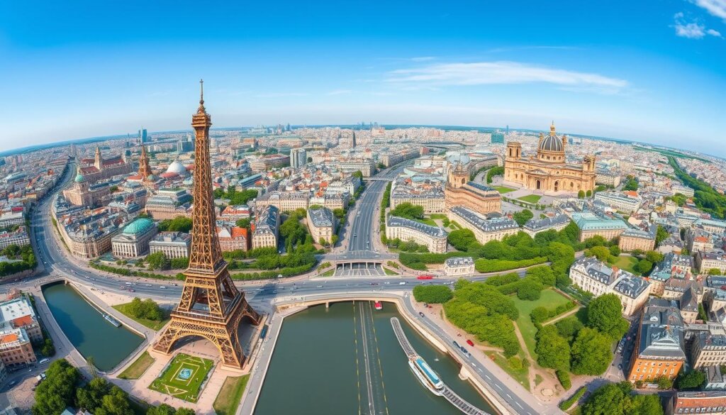 Vue panoramique de Paris montrant les principales attractions touristiques comme la Tour Eiffel, Notre-Dame et le Louvre sur une carte interactive