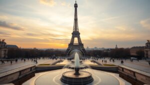 Vue panoramique de la Tour Eiffel depuis la Place du Trocadéro aux premières lueurs du jour