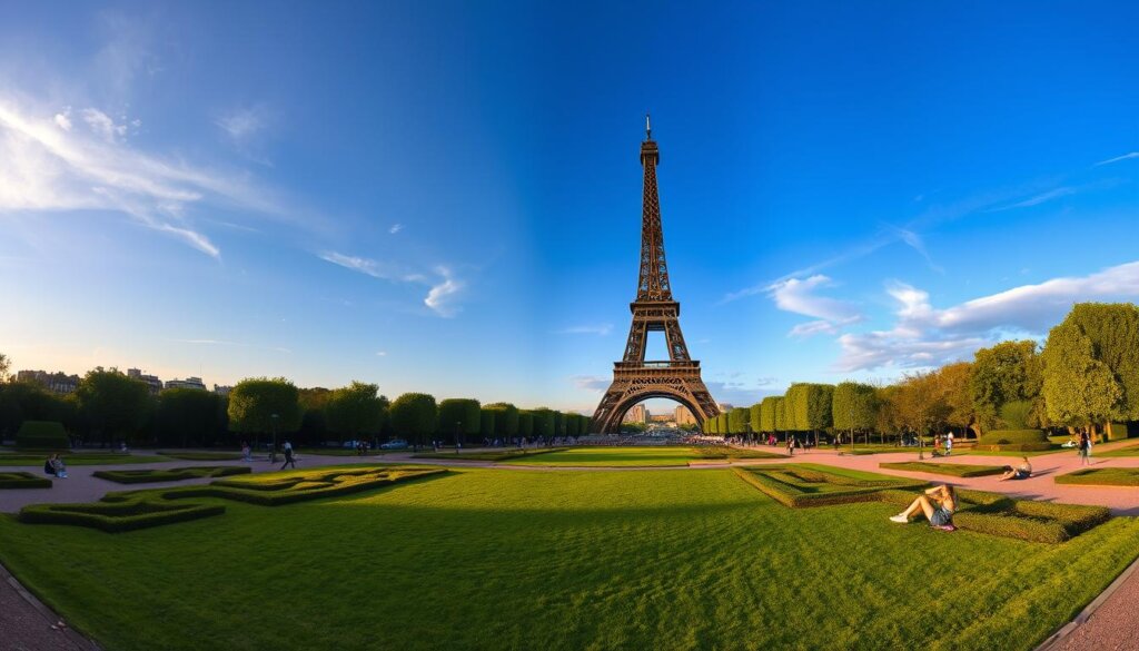 Vue panoramique de la Tour Eiffel depuis le Champ de Mars avec ses jardins au premier plan