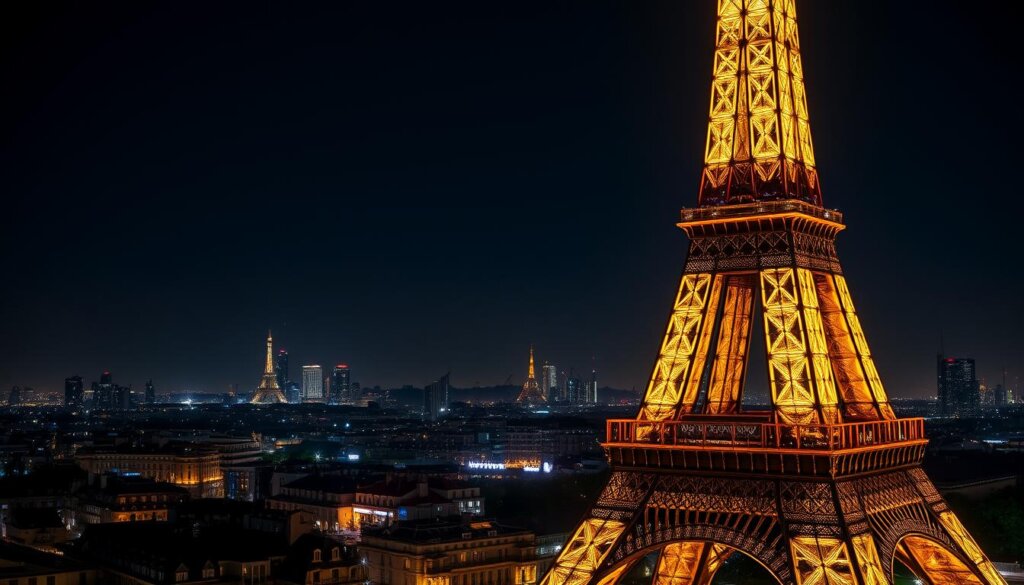 Vue panoramique de l'architecture et ingénierie Tour Eiffel illuminée la nuit