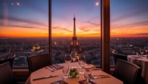 Vue panoramique depuis un restaurant de la Tour Eiffel avec Paris illuminé