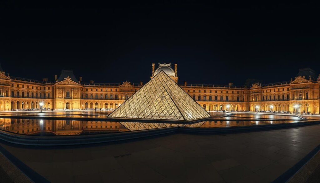 Vue panoramique du Louvre illuminé lors d'une soirée, reflété dans les bassins