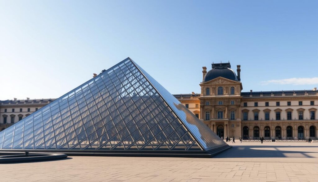 Vue panoramique du musée du Louvre avec sa pyramide de verre et l'architecture classique du palais