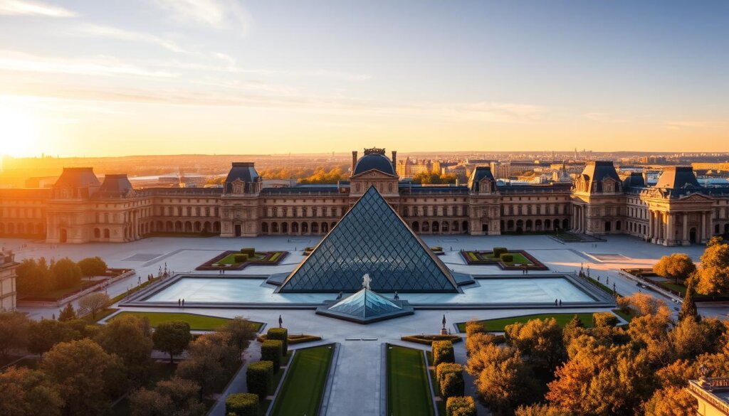 Vue panoramique du musée du Louvre avec sa pyramide et le palais