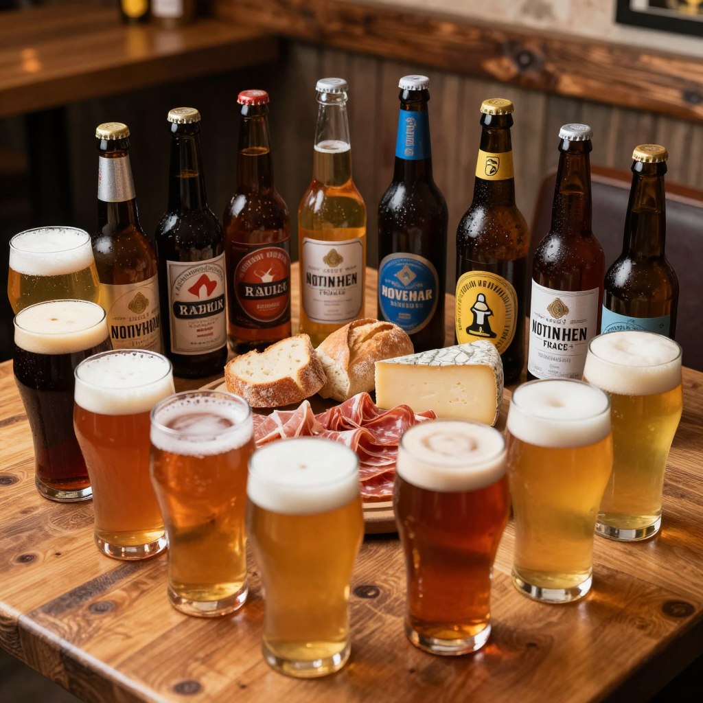 A beautifully arranged selection of regional beers from Northern France, featuring various bottles with distinctive labels and a variety of glassware. In the foreground, capture a wooden table adorned with frosty beer glasses filled with rich amber, golden, and deep brown beers, some with frothy white heads. The middle ground showcases an assortment of regional charcuterie, fresh bread, and local cheeses that complement the beers. In the background, hint at a cozy pub environment, with rustic wooden beams and soft, warm lighting casting a welcoming glow. The mood is inviting and relaxed, evoking the charm of a casual gathering. Use a slightly elevated angle to encompass the full scene, highlighting the enticing array of culinary delights alongside the regional beers.