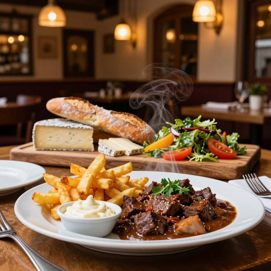 A beautifully arranged table featuring iconic dishes from the gastronomy of Northern France. In the foreground, a plate of steaming "Carbonnade Flamande," a rich beef stew, garnished with fresh herbs. Beside it, golden "Frites," perfectly crispy and paired with a small bowl of velvety mayonnaise. In the middle, a large wooden board displays "Maroilles" cheese, crusty baguettes, and a vibrant, colorful salad adorned with seasonal vegetables. The background reveals a rustic French bistro scene, complete with warm ambient lighting from vintage lamps, casting a cozy glow. Capture the inviting atmosphere of a charming northern restaurant, emphasizing the textures of the food and the warmth of the setting, using a slightly low angle to enhance the depth and richness of the culinary experience.