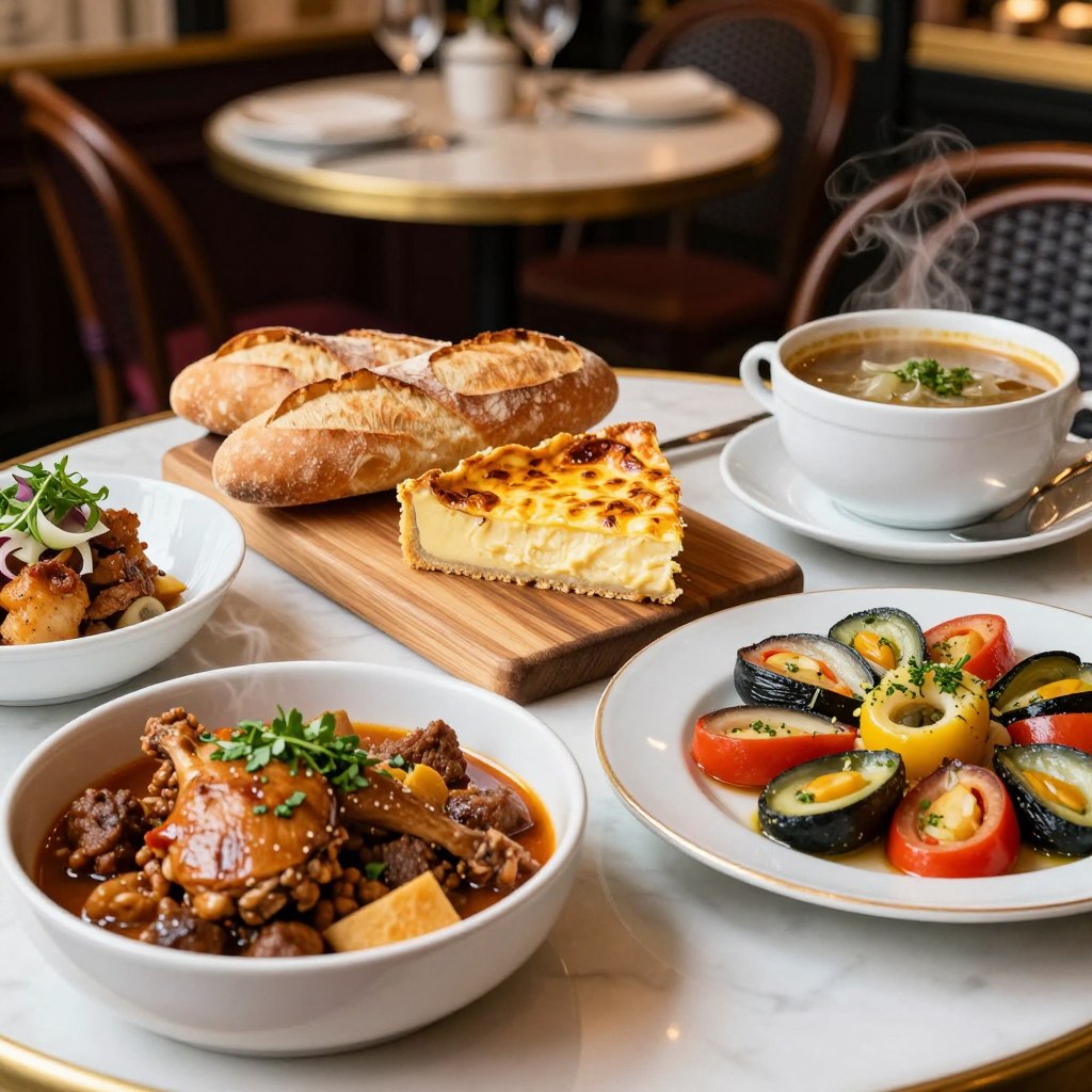 A beautifully arranged table showcasing a variety of popular French dishes. In the foreground, a steaming bowl of coq au vin garnished with fresh herbs, beside a plate of ratatouille bursting with colors. In the middle ground, a wooden serving board features crusty baguettes, a slice of creamy quiche Lorraine, and a small bowl of French onion soup. The background shows a softly blurred Parisian café setting with warm lighting, evoking a cozy and inviting atmosphere. The scene is captured with a slight overhead angle, emphasizing the delectable details of each dish. The overall mood is vibrant and appetizing, celebrating the rich culinary heritage of France.