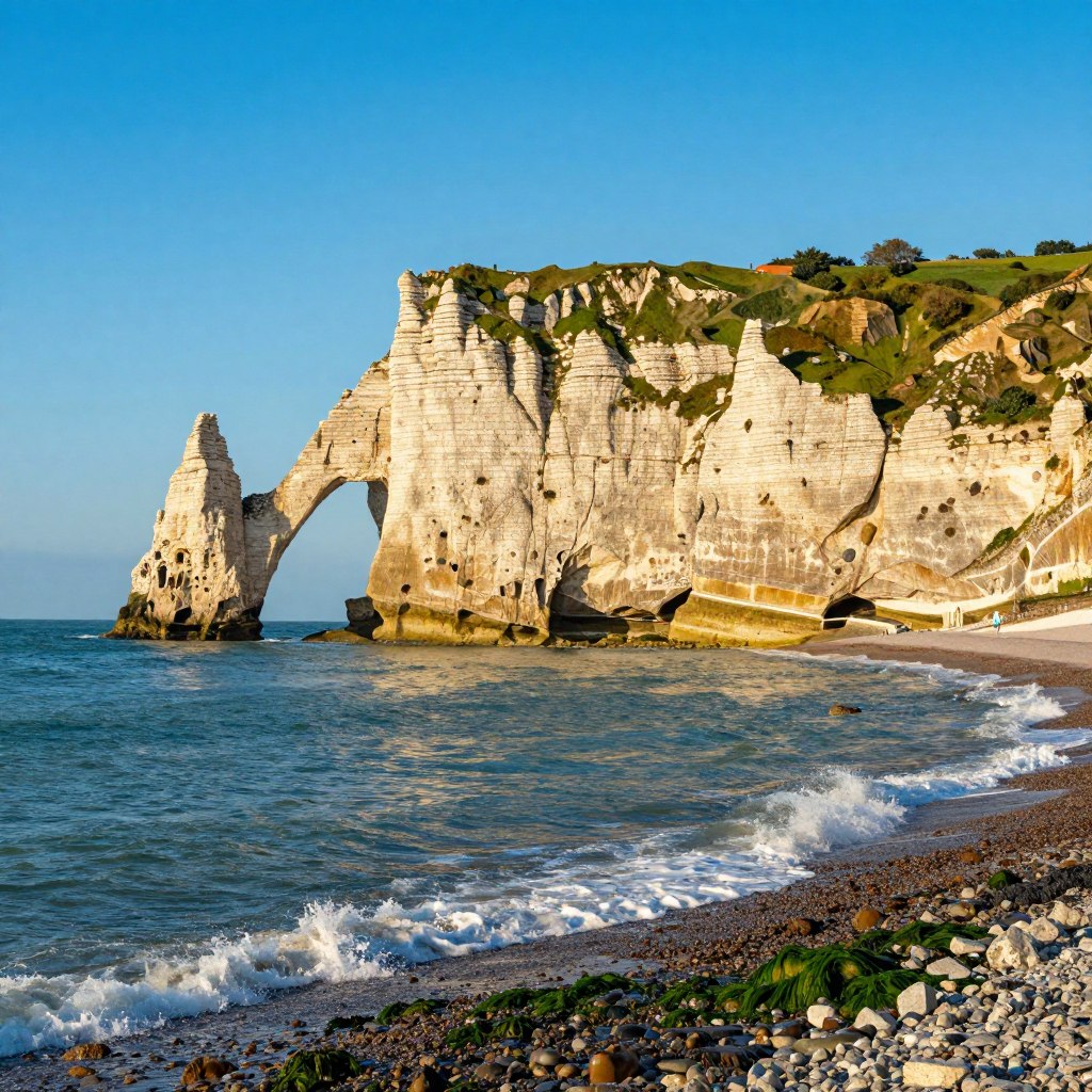 A breathtaking view of the cliffs of Étretat in northern France, showcasing the striking white chalk formations jutting into the ocean. In the foreground, gentle waves lap against the rocky shore, with pebbles and patches of green seaweed adding texture. The middle ground features the iconic arch of "Aiguille" and the "Manneporte," rising majestically against the vibrant blue sky. The background is filled with soft, rolling hills cloaked in lush greenery. The scene is illuminated by warm, golden sunlight, casting long shadows that enhance the dramatic contours of the cliffs. The atmosphere is serene yet awe-inspiring, evoking a sense of natural wonder and tranquility.