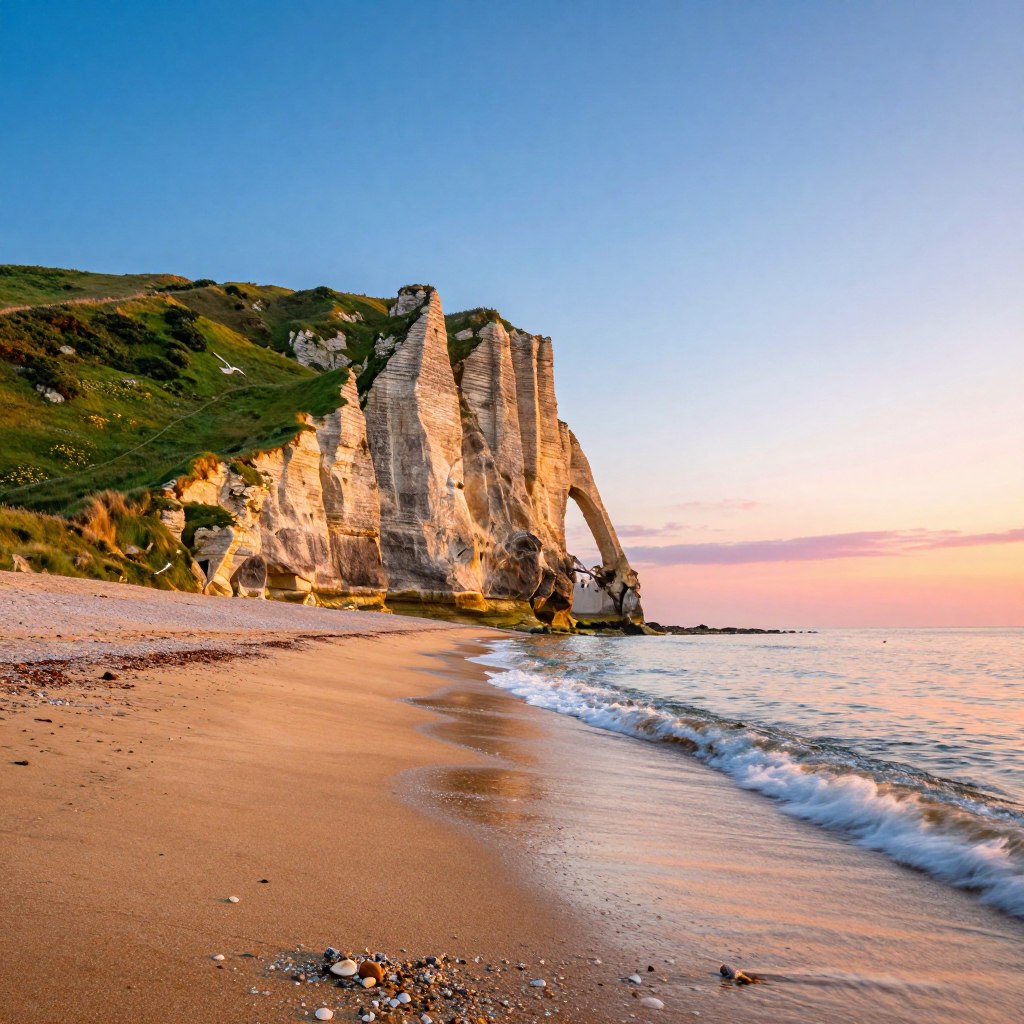A breathtaking view of the natural landscapes of the Côte d'Opale, showcasing dramatic cliffs and golden sandy beaches. In the foreground, gentle waves lap against the shore, with scattered pebbles and seashells providing texture. The middle ground features lush green grass rolling down to the beach, dotted with wildflowers, while a few seagulls soar above. In the background, tall chalk cliffs rise majestically against a clear blue sky, illuminated by warm, soft sunlight, creating a serene and inviting atmosphere. The scene captures the tranquil beauty of a coastal sunset, with vibrant hues of orange and pink reflecting off the water. The composition is taken from a low angle, emphasizing the cliffs and the expansive sky, evoking a sense of peace and natural wonder.