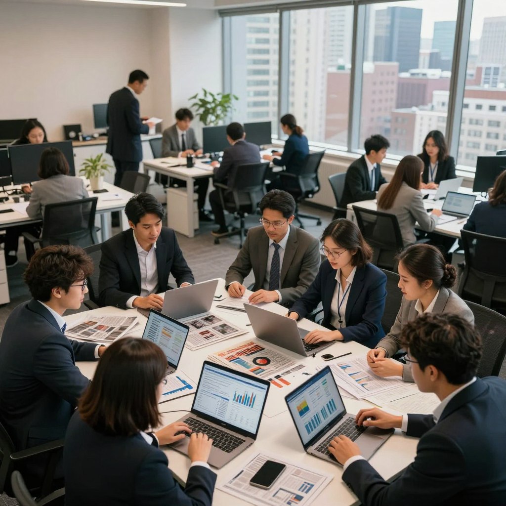 A bustling editorial office filled with journalists and editors engaged in lively discussions over financial reports. In the foreground, a diverse group of professionals in business attire are gathered around a large conference table, analyzing charts and financial data on laptops and tablets. In the middle ground, an open-plan workspace shows additional team members collaborating, with newspapers and magazine layouts scattered across desks. The background features a large window displaying a city skyline, symbolizing the outside world of commerce. Soft, natural lighting filters through the glass, casting a warm glow, while the atmosphere is focused and intense, reflecting the pressing financial challenges faced by major media outlets. The angle is slightly elevated, providing an overview of the dynamic environment.