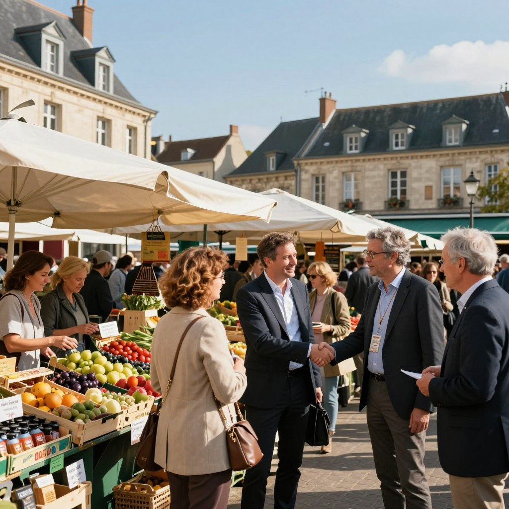 A bustling northern French market scene showcasing the region's vibrant economy. In the foreground, a diverse group of professionals in smart business attire engage in animated discussions, exchanging ideas and shaking hands. The middle ground features stalls laden with local produce and artisanal products, representing the thriving agricultural and craft sectors. Traditional architecture, emblematic of northern France, is visible in the background, under a clear blue sky bathed in warm, inviting sunlight. The atmosphere is lively and optimistic, reflecting a strong sense of community and economic growth. The scene is captured with a slightly wide-angle view, enhancing the depth and energy of the setting. No text or watermarks present.