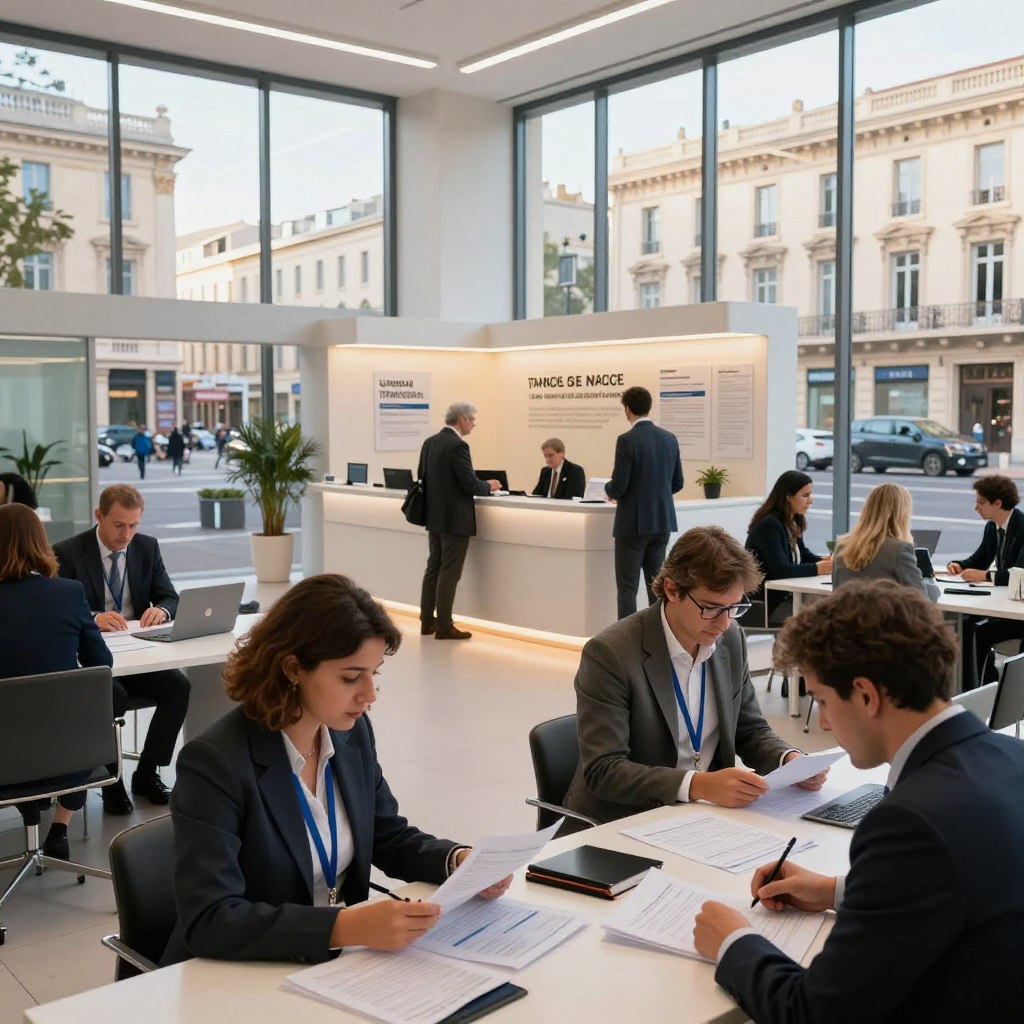 A bustling public finance center in Marseille, capturing the essence of local taxation and fiscal responsibility. In the foreground, diverse professional individuals in business attire engage with financial documents at sleek modern desks, showing focus and collaboration. In the middle ground, a large, illuminated reception area featuring a welcoming desk and informational posters about local tax questions, enhancing the educational atmosphere. The background reveals the distinctive architecture of Marseille, with sunlit streets and historical buildings visible through large windows. The scene is bathed in natural light, creating a warm and approachable mood. The perspective is shot from a slight angle to give depth, highlighting the dynamic interactions within the center.