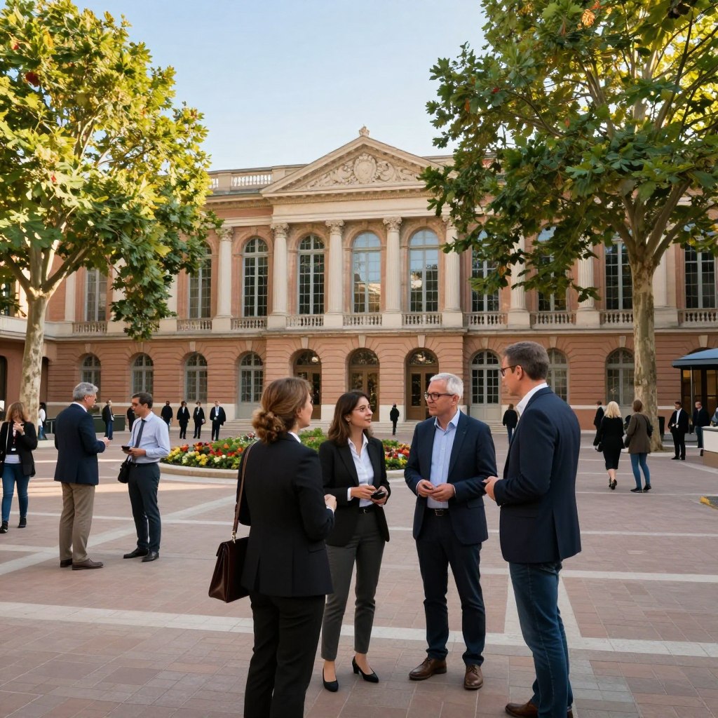 A bustling scene outside the Centre des Finances Publiques in Toulouse, showcasing a diverse group of individuals waiting in a well-maintained courtyard. In the foreground, four people in professional business attire, including a woman with a briefcase and a man with glasses, engaged in conversation, conveying a sense of community and collaboration. In the middle ground, the elegant facade of the financial center, with its classic architecture, framed by green trees and flower beds, suggests a welcoming atmosphere. The background features a clear blue sky with soft, warm sunlight filtering through the trees, creating an inviting and optimistic mood. The angle captures both the people and the building, emphasizing interaction and public service.