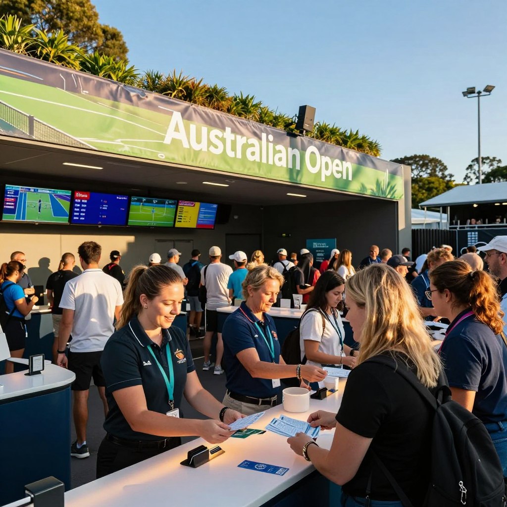 A bustling ticketing area for the Australian Open, showcasing a modern and vibrant design. In the foreground, a friendly staff member dressed in professional attire assists a diverse group of visitors eagerly purchasing tickets. The middle features an illuminated ticket counter adorned with digital displays, showcasing upcoming matches. Behind, a large banner frames the entrance, reading "Australian Open" with a backdrop of lush green tennis courts under a clear blue sky. The warm afternoon sunlight casts soft shadows, creating an inviting atmosphere. The angle is slightly elevated, capturing both the excitement of the crowd and the dynamic flow of the ticketing process, emphasizing the energy and enthusiasm of the event. A bustling ticketing area for the Australian Open, showcasing a modern and vibrant design. In the foreground, a friendly staff member dressed in professional attire assists a diverse group of visitors eagerly purchasing tickets. The middle features an illuminated ticket counter adorned with digital displays, showcasing upcoming matches. Behind, a large banner frames the entrance, reading "Australian Open" with a backdrop of lush green tennis courts under a clear blue sky. The warm afternoon sunlight casts soft shadows, creating an inviting atmosphere. The angle is slightly elevated, capturing both the excitement of the crowd and the dynamic flow of the ticketing process, emphasizing the energy and enthusiasm of the event.