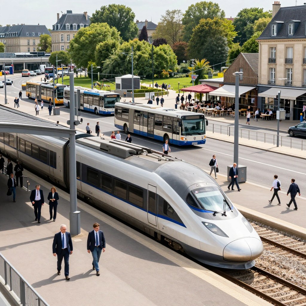 A bustling transportation hub in northern France, featuring a modern train station as the foreground, showcasing sleek high-speed trains and commuters in professional attire. The midground includes buses and trams, weaving through a vibrant urban landscape with cafes and shops along the streets. In the background, visible landmarks such as characteristic northern French architecture and lush green parks create a sense of place. Bright, natural lighting highlights the scene, casting soft shadows on the ground, while a slightly elevated angle captures the dynamism of movement. The atmosphere evokes a sense of connectivity and energy, emphasizing reliable and efficient transport options in this key destination.