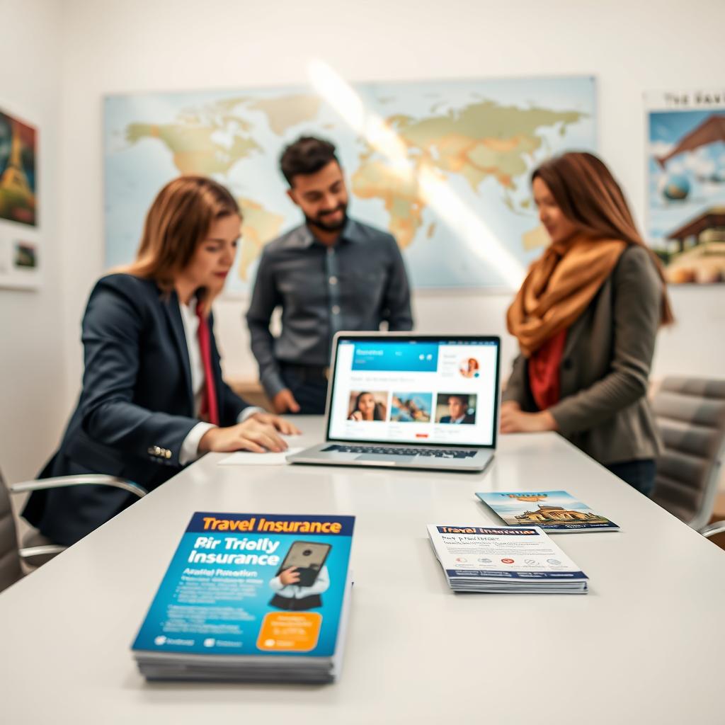 A calm and inviting travel insurance office setting, featuring a professional-looking agent in business attire discussing policy options with a diverse couple in modest casual clothing. In the foreground, a sleek desk holds brochures labeled with various types of travel insurance coverage: medical, trip cancellation, and luggage protection. In the middle, an open laptop displays a vibrant, user-friendly insurance website. The background includes a soft-focus world map and travel-themed posters, casting a warm, welcoming atmosphere. The lighting is bright and natural, reminiscent of a sunny day, enhancing the sense of reassurance and professionalism. Capture this scene from a slightly elevated angle to provide a comprehensive view of the interaction and surroundings.