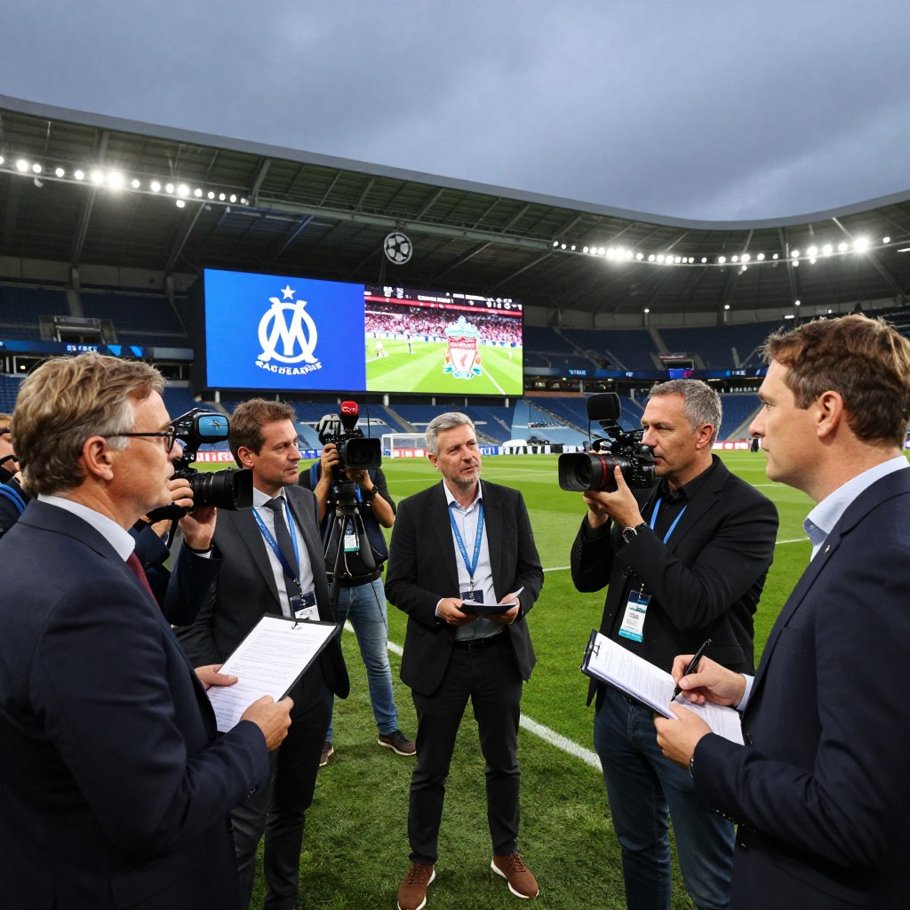 A captivating scene depicting the anticipation surrounding the Champions League match between Marseille and Liverpool, focusing on media reactions. In the foreground, a diverse group of journalists in professional attire, equipped with cameras and notepads, are engaged in lively discussions. In the middle, a large digital screen displays team logos and sports analytics, surrounded by microphones and recording equipment. The background features the iconic Marseille stadium under a twilight sky, illuminated with soft, dramatic lighting to create a vibrant atmosphere. The overall mood is one of excitement and tension, highlighting the stakes of the upcoming match. The composition should have a dynamic angle, capturing the energy and engagement of both the media and the football culture.