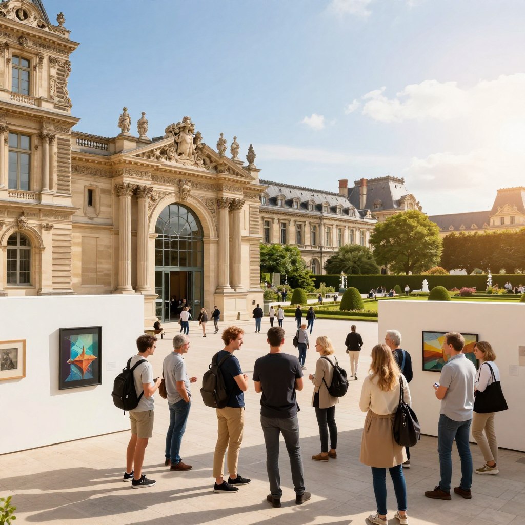 A captivating scene depicting the museums and cultural centers of Northern France, featuring a mix of architectural styles from historic buildings to modern galleries. In the foreground, a diverse group of visitors dressed in smart casual attire is engaged with artwork, showcasing enthusiasm and curiosity. The middle ground reveals a grand museum entrance with ornate features and large glass windows, while elements of contemporary art installations are visible. The background displays lush gardens and traditional French architecture under a clear blue sky, creating a vibrant atmosphere. The lighting is warm and inviting, suggesting late afternoon sunlight, with a slight lens flare suggesting a welcoming ambiance. The entire composition evokes a sense of exploration and appreciation for culture and history in this enchanting region.