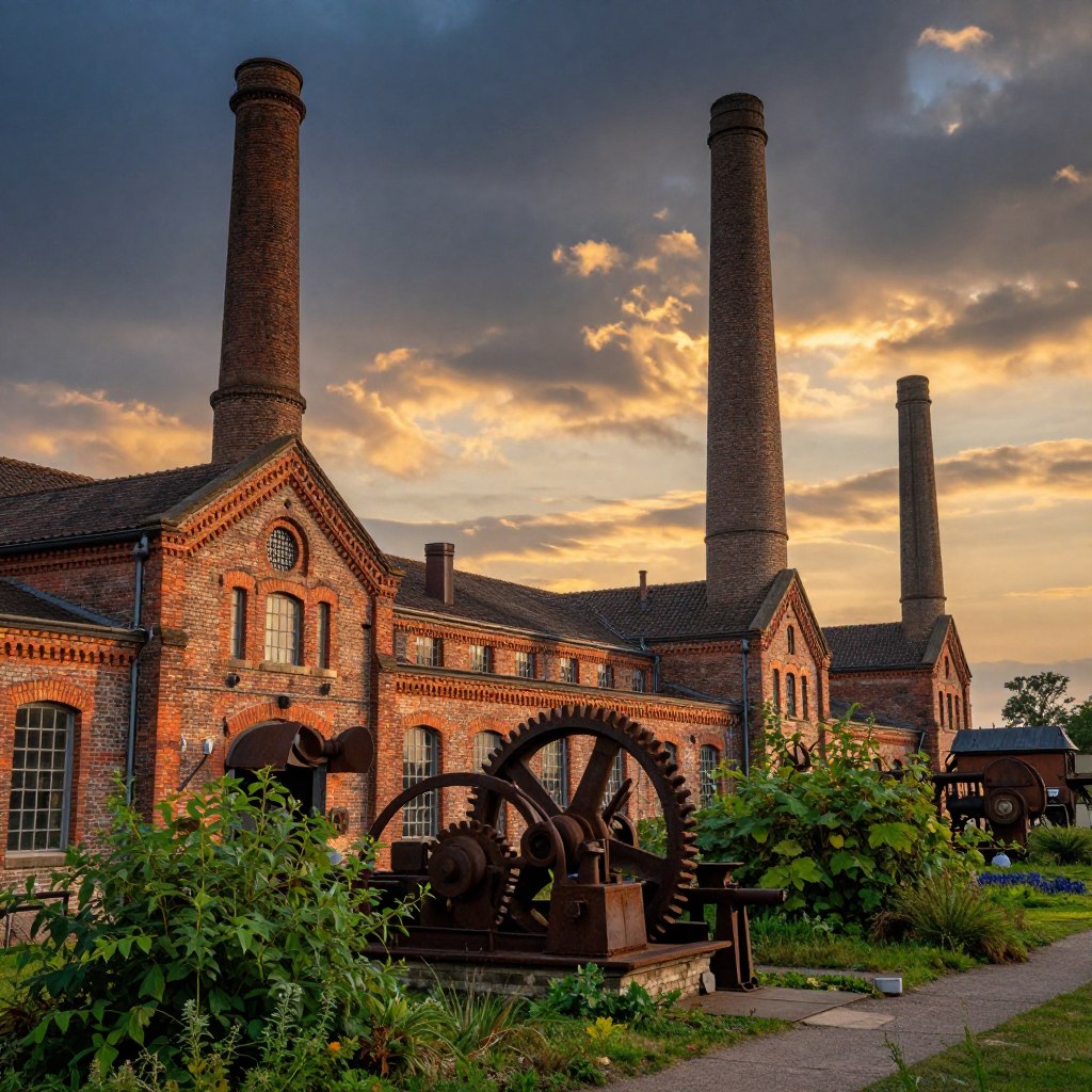A captivating scene showcasing the industrial heritage of Northern France, focusing on a well-preserved 19th-century factory with large smokestacks and intricate brickwork in the foreground. In the middle ground, include vintage machinery and rusted gears surrounded by lush greenery, hinting at the passage of time. The background features a dramatic sky at sunset, casting warm golden and deep blue hues over the landscape. Soft lighting highlights the textures of the old buildings, while a sense of nostalgia envelops the scene. The atmosphere should evoke a blend of history and nature, drawing the viewer into the story of this industrial treasure.