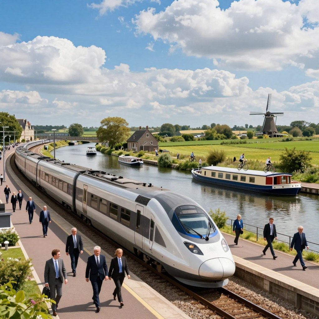 A captivating scene showcasing various modes of transportation in Northern France. In the foreground, a sleek high-speed train zips along the tracks, with a bustling railway station filled with professional travelers in business attire. The middle ground features scenic canals with boats and cyclists enjoying the sunny day, while historic architecture lines the banks, reflecting French culture. In the background, rolling green fields and distant windmills create a serene countryside atmosphere. The sky is a vibrant blue with fluffy white clouds, casting soft natural light on the scene. The overall mood is lively and welcoming, inviting viewers to explore the efficient transport system of the region.