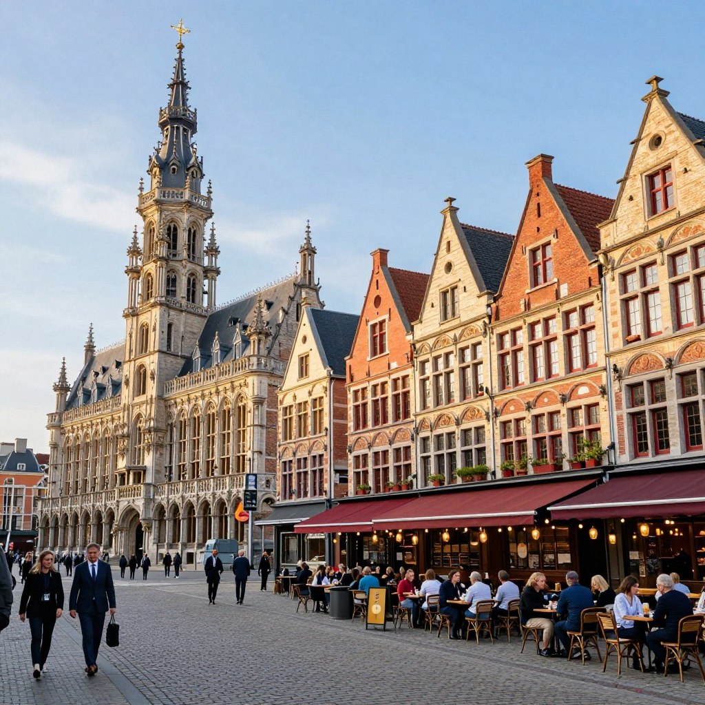 A captivating view of iconic cities in Northern France, showcasing their charming architecture and vibrant culture. In the foreground, a cobblestone street lined with quaint cafés and shops, featuring people dressed in professional attire enjoying their day. In the middle ground, the stunning facades of historic buildings like the Palais des Beaux-Arts in Lille and the colorful houses of Amiens, each reflecting the unique character of these cities. In the background, a clear blue sky with soft, diffused sunlight illuminating the scene, creating a warm and inviting atmosphere. Capture the essence of Northern France, emphasizing its heritage and urban appeal, with a dynamic angle that draws the viewer into the heart of its emblematic cities.