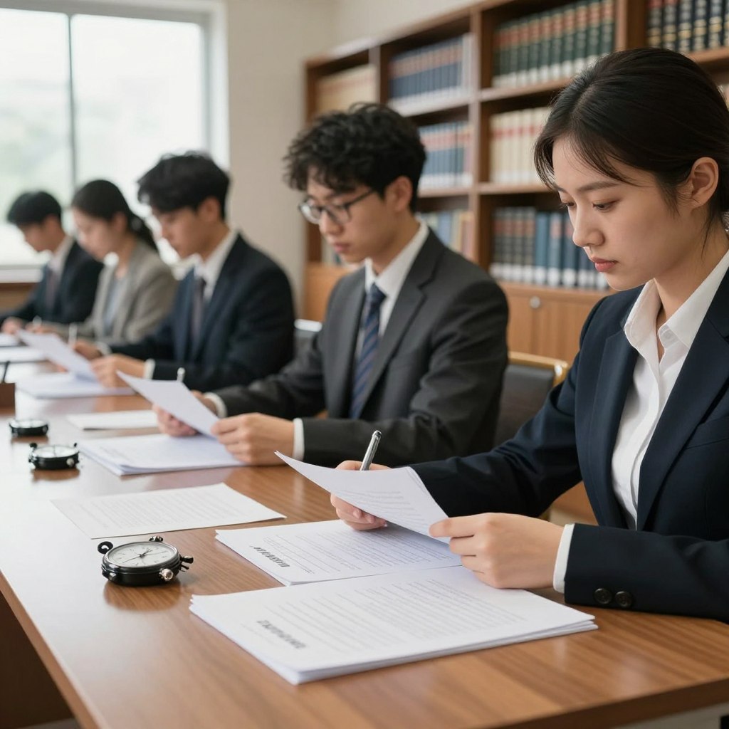 A close-up scene of a professional examination room set for an internal finance controller competition. In the foreground, a wooden desk is neatly arranged with exam papers, pens, and a stopwatch, conveying a sense of seriousness. In the middle, several candidates in professional business attire are focused on their papers, with expressions of concentration and determination. The background features tall bookshelves filled with legal and financial textbooks, and large windows allowing soft, natural light to illuminate the space, creating a serene yet tense atmosphere. The image captures an ambiance of professionalism and anticipation, emphasizing the importance of the written exams in the selection process.