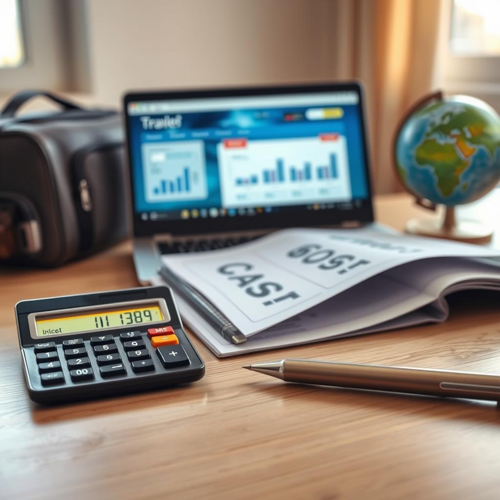 A close-up scene that illustrates the concept of travel cancellation costs, featuring a neatly arranged desk with travel-related items. In the foreground, there is a calculator with a bright, illuminated display showing a figure for cancellation fees, along with a pen resting beside it. The middle ground features a travel insurance document with graphs and costs highlighted, accompanied by a laptop displaying a travel booking website. In the background, a luggage bag and a globe suggest travel, while soft, natural light streams in from a nearby window, creating a warm and professional atmosphere. The overall mood is informative and focused, suitable for conveying important financial details about travel insurance.