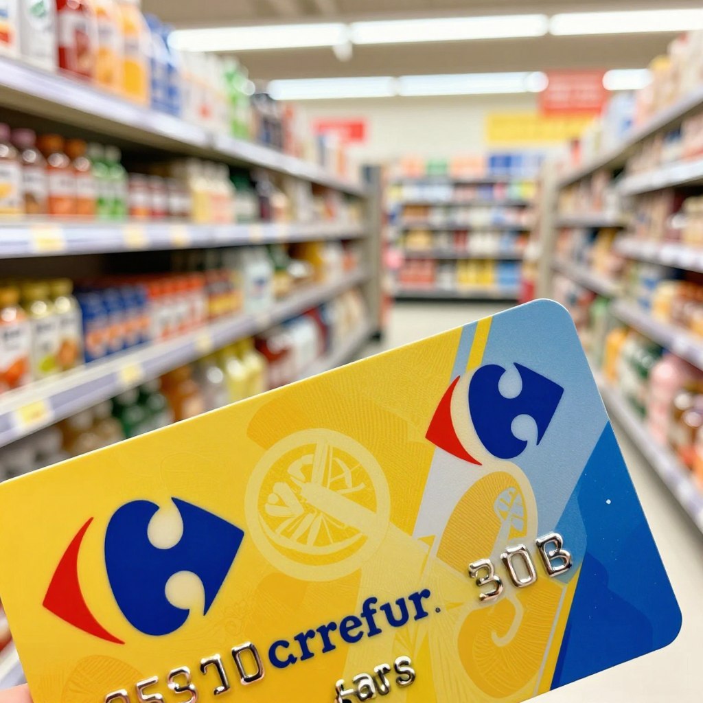A close-up view of a Carrefour credit card displaying vibrant colors with a clear emphasis on the loyalty points icon. The foreground features the card, which is illustrated with intricate details, showcasing the Carrefour logo and a prominent points symbol. The middle layer includes a soft-focus backdrop of a grocery store aisle, filled with various Carrefour products, subtly conveying the supermarket atmosphere. Warm, natural lighting illuminates the card and the products, enhancing the inviting feel of the scene. The angle is slightly above the card, allowing for a dynamic perspective while keeping the focus clear. The overall mood is friendly and informative, perfect for illustrating a section on loyalty points in a financial context.
