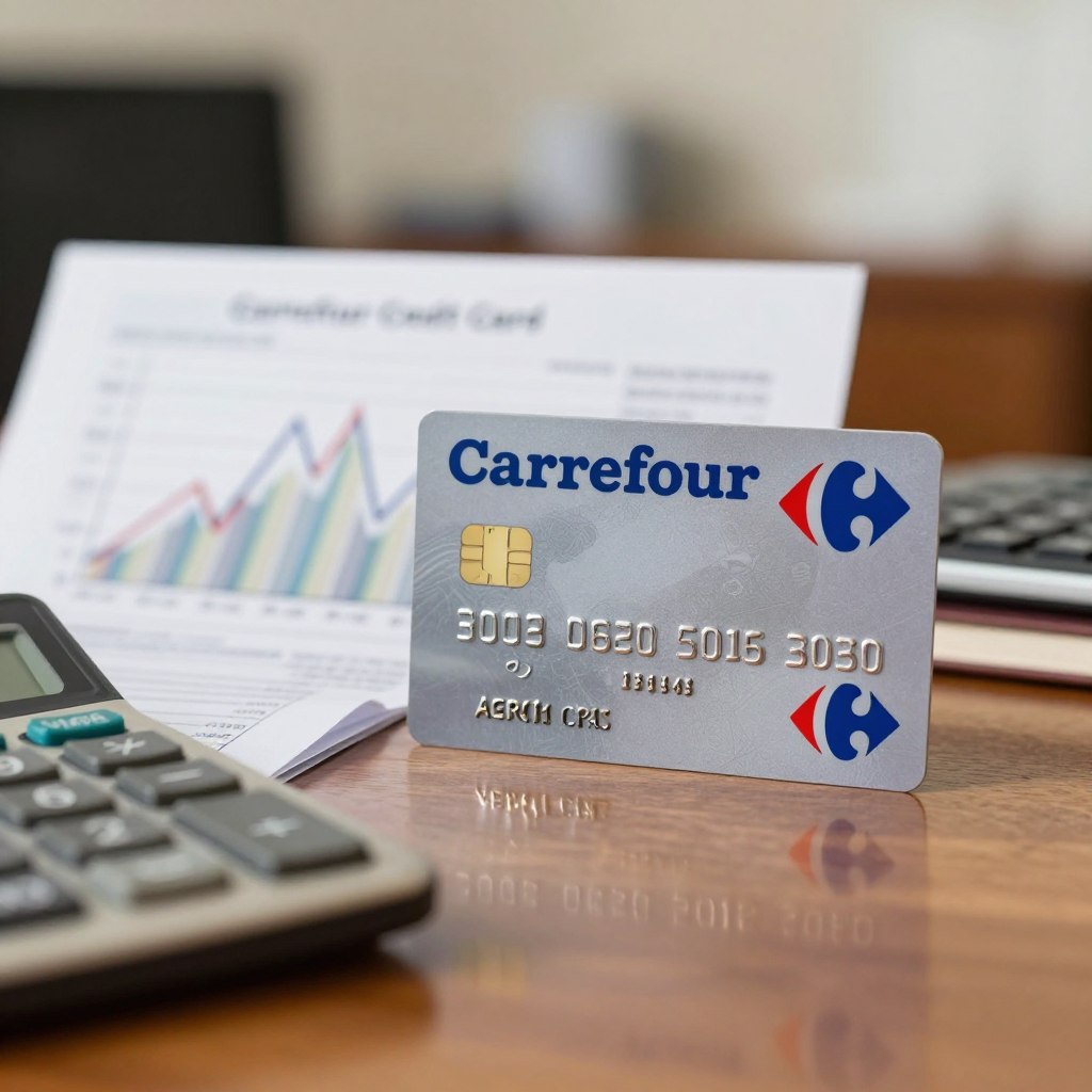 A close-up view of a credit card prominently featuring the Carrefour logo, placed on a polished wooden surface to reflect professionalism. In the foreground, include a stack of financial documents and a calculator, emphasizing the financial implications of credit usage. The middle ground showcases a blurred chart displaying fluctuating interest rates, symbolizing the various fees associated with the Carrefour credit card. In the background, softly lit office space is visible, suggesting a business environment. Use warm, natural lighting to create a welcoming atmosphere, and apply a slight depth of field to draw focus to the credit card and documents. The overall mood should evoke a sense of financial responsibility and awareness.