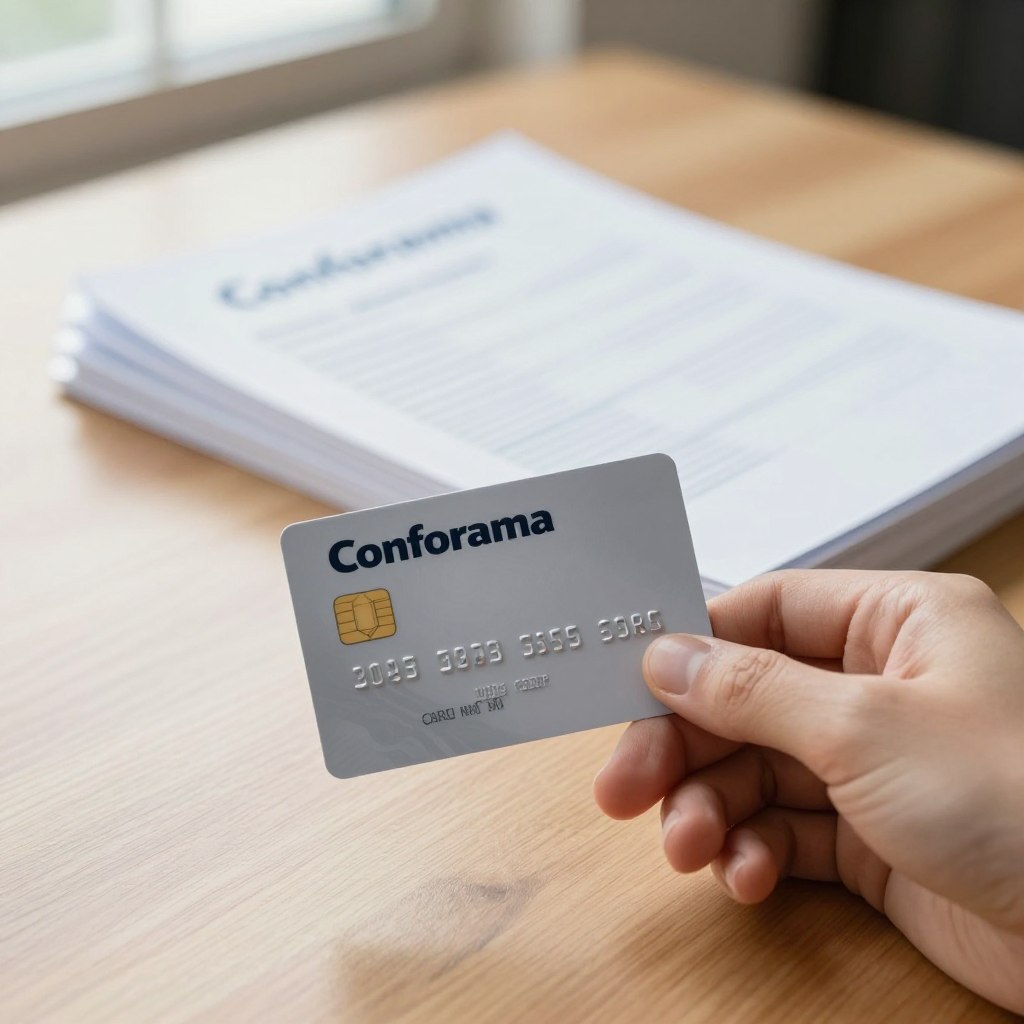 A close-up view of a hand holding a Conforama credit card, positioned on a wooden table, symbolizing the concept of credit card cancellation. In the background, a neatly stacked pile of official documents related to financial management can be seen, hinting at the administrative process of cancellation. Soft, natural lighting streams in from a window, casting gentle shadows and creating a calm, focused atmosphere. The foreground should be crisp and detailed, emphasizing the card's logo, while the middle ground blurs slightly to keep the focus on the hand and the card. The overall mood conveys professionalism and clarity, suitable for an informative setting without any human figures present.