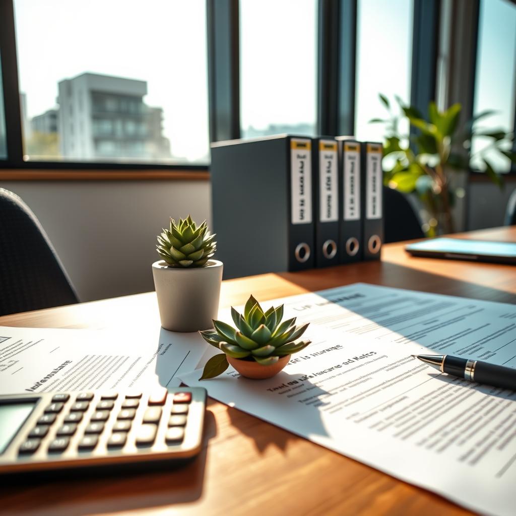 A close-up view of a modern financial workspace featuring elegant insurance documents and contract papers spread across a sleek wooden desk. In the foreground, a calculator rests next to a stylish pen and a potted succulent plant, enhancing the professional atmosphere. The middle ground includes a well-organized file holder with various life insurance premium rates prominently displayed. In the background, a large window allows soft, warm sunlight to illuminate the scene, casting gentle shadows across the materials. The overall mood is one of tranquility and focus, emphasizing the importance of financial planning. The image captures a professional and inviting environment, aimed at conveying trust and reliability in the life insurance sector.
