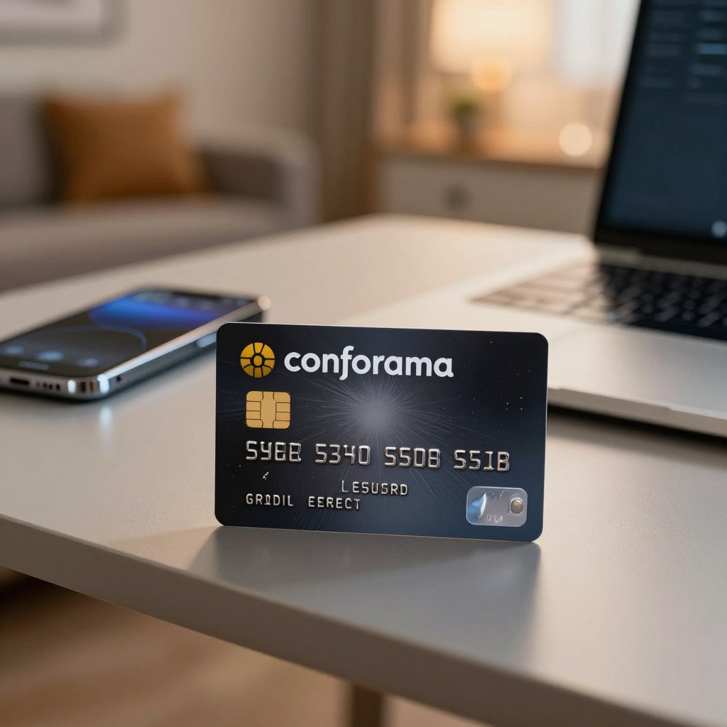 A close-up view of a secure credit card with the Conforama logo prominently displayed. The card is shown resting on a sleek, modern desk alongside a state-of-the-art smartphone and a laptop, symbolizing digital security. In the background, a soft-focus home setting creates a warm, inviting atmosphere, with cozy furniture and dimmed lights for an ambiance of safety and reassurance. The lighting is soft and diffused, emphasizing the card's glossy finish and intricate security features like holograms and chip technology. The scene conveys trust and protection, highlighting the importance of secure shopping experiences.