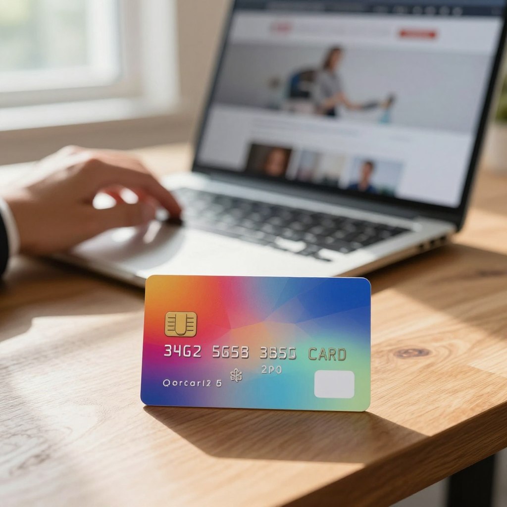 A close-up view of a sleek, modern prepaid virtual card displayed on a wooden desk, with a soft-focus laptop in the background showcasing an e-commerce website. The card should feature a vibrant design, including a holographic effect, and a clean interface that implies digital transactions. Natural sunlight streams through a nearby window, casting gentle shadows and creating a warm, inviting atmosphere. A pair of hands in professional business attire interacts with the laptop, emphasizing the ease of online shopping. The overall mood should convey convenience and sophistication, highlighting the practicality of using prepaid cards in online environments.