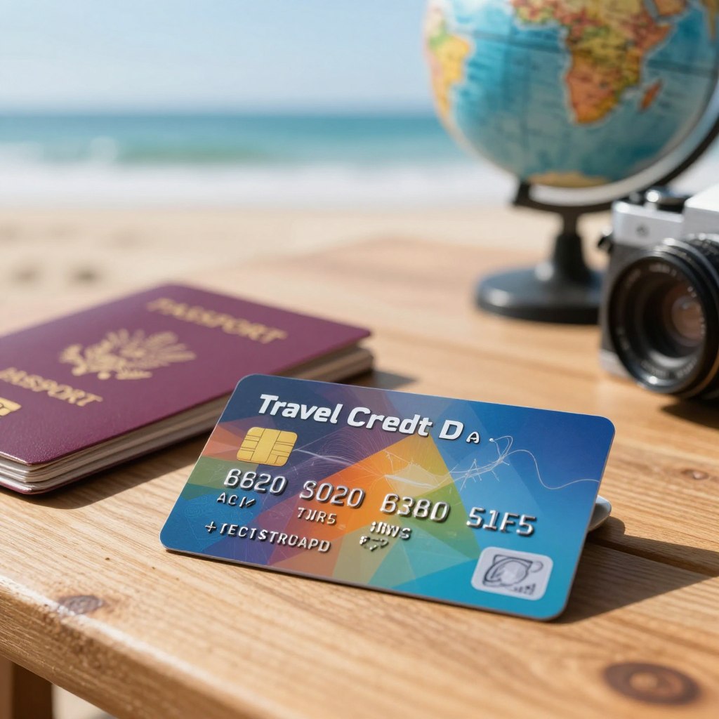 A close-up view of a travel credit card resting on a wooden table, surrounded by travel essentials like a passport, a globe, and a camera. The credit card features vibrant colors, with symbols representing travel rewards and benefits. In the background, a soft-focus beach scene is visible, hinting at a holiday destination, illuminated by bright, natural sunlight that creates a warm, inviting atmosphere. The depth of field is shallow, emphasizing the card and its context while blurring the background. The composition conveys a sense of adventure and possibility, ideal for conveying the advantages of using a credit card for travel expenses.