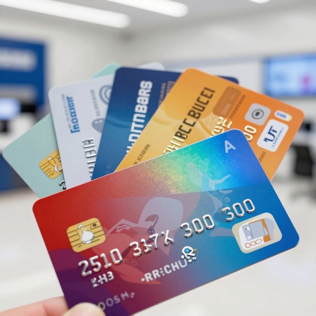 A close-up view of a vibrant prepaid credit card prominently displayed in the foreground, showcasing its sleek design with a colorful holographic finish. The card should be adorned with various icons representing different services, like travel and shopping. In the middle ground, a few additional prepaid cards in assorted designs are stacked, each exhibiting their unique features and colors. The background features a blurred financial setting, hinting at a modern bank or retail environment. Bright, soft lighting enhances the card designs, creating an inviting and professional feel. The angle is slightly tilted to provide depth and perspective, emphasizing the variety of prepaid cards available. The overall mood is informative and engaging, suitable for a financial discussion.