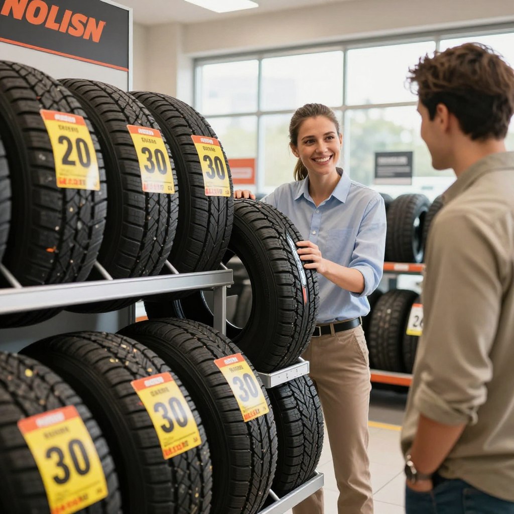 A close-up view of a vibrant promotional display for tires, featuring various brands and models with attractive discount labels. In the foreground, showcase a well-organized tire rack filled with colorful tires, emphasizing their tread patterns and sizes. In the middle ground, place a professional salesperson, dressed in smart casual attire, engaging with a customer, both smiling and inspecting a tire. The background should depict a bright and modern tire shop, with large windows letting in daylight, creating an inviting atmosphere. Use warm, natural lighting to enhance the scene, capturing a sense of friendly customer service and excitement about promotions. Aim for a slightly angled perspective to add depth to the image.