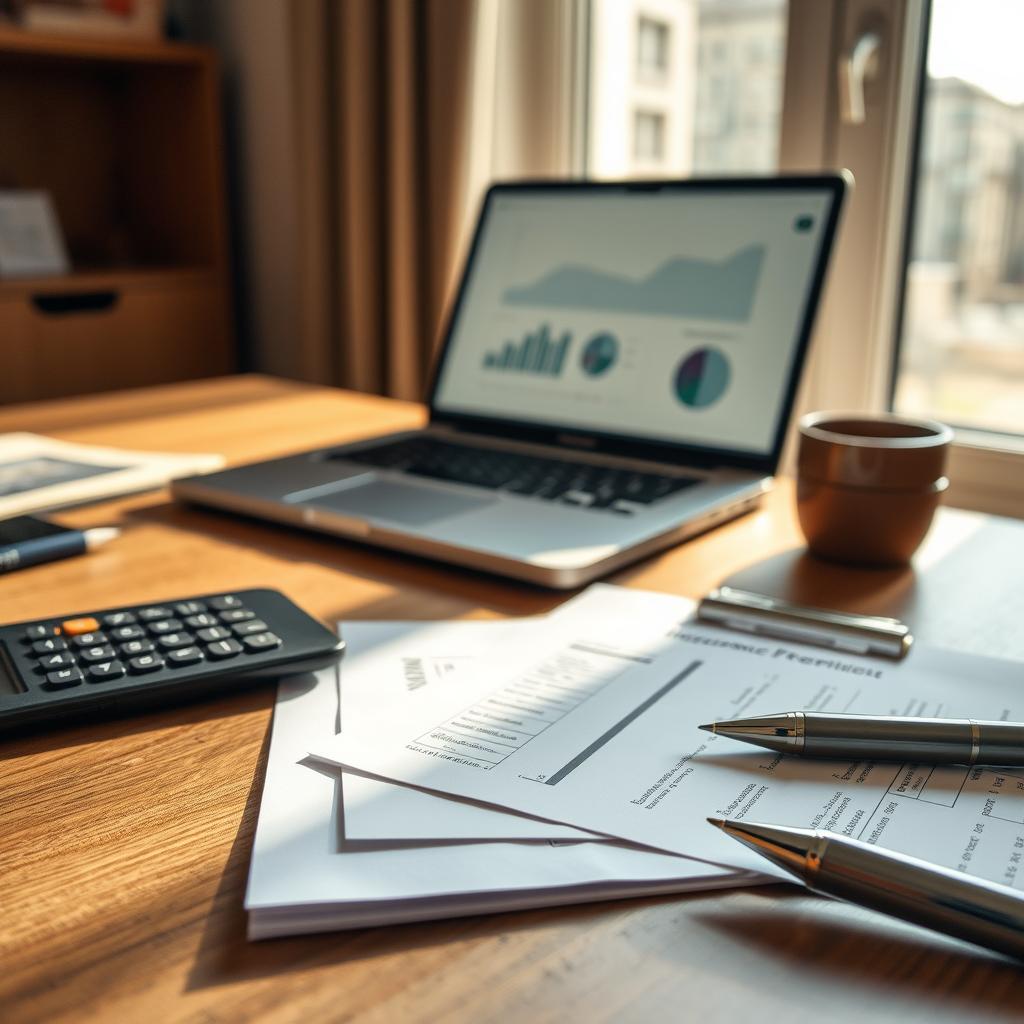 A close-up view of an insurance premium document on a wooden desk, featuring detailed charts and calculations. The foreground highlights a neatly organized stack of papers with a calculator and a pen placed next to it. In the middle, a partially open laptop displays graphs related to insurance premiums, showcasing trends and numerical data. The background features a window allowing soft, natural light to illuminate the workspace, casting gentle shadows that enhance the professionalism of the setting. The mood conveys clarity and focus, inviting the viewer into a serene yet productive environment. The overall color palette is warm and inviting, with earthy tones to evoke trust and stability.