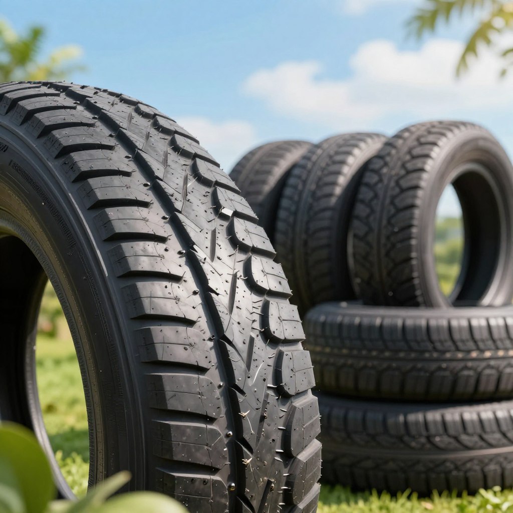 A close-up view of eco-friendly tires, showcasing their unique tread patterns and sustainable materials. In the foreground, focus on a shiny, innovative tire made from recycled materials, with green foliage subtly in the background to emphasize the ecological theme. In the middle ground, display a diverse range of these tires stacked, highlighting their different sizes and designs, while ensuring their textures are detailed and realistic. In the background, portray a bright, sunny environment with a clear blue sky and soft clouds, suggesting a clean and sustainable future. The overall mood is uplifting and forward-thinking, with natural lighting that enhances the vibrant colors and textures of the tires. The image should have a crisp focus, ensuring the details are prominent and engaging.