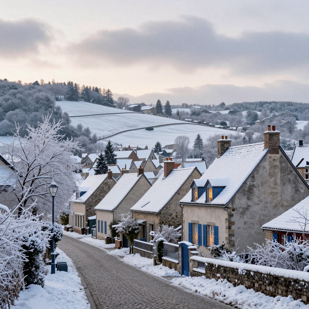 A cold, wintry scene in the north of France, showcasing a picturesque village nestled among snow-covered hills. In the foreground, a cobblestone street lined with quaint, historic buildings wearing a blanket of white snow. Frost-laden branches of nearby trees glisten under soft, diffused light. In the middle ground, charming French houses with blue shutters and warm lights glowing from the windows, inviting and cozy despite the chill. The background reveals rolling hills and fields, blanketed in fresh snow, leading to a pale sky with soft, gray clouds indicating winter's grip. The atmosphere is serene yet crisp, encapsulating the essence of a cold climate, evoking the quiet beauty of a wintry day in northern France.