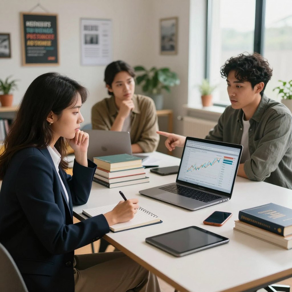 A collaborative and insightful financial discussion scene on Reddit, featuring a diverse group of three professionals engaged in a brainstorming session. In the foreground, a thoughtful woman in smart business attire is taking notes, while a man beside her, casually dressed, points at a laptop screen displaying financial graphs. The middle ground includes a large, softly lit table stacked with financial books and a few digital devices like tablets and smartphones. In the background, a cozy room decorated with motivational posters and plants creates a warm atmosphere. The lighting is natural and inviting, coming from large windows, with a focus on the professionals’ engaged expressions, showcasing the spirit of community and shared knowledge around financial advice.
