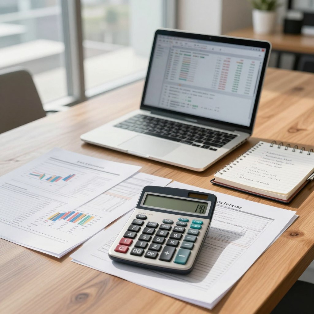 A collection of advanced financial calculation tools and calculators arranged neatly on a sleek wooden desk. In the foreground, showcase a high-end financial calculator with a digital display, surrounded by spreadsheets and financial reports. In the middle, include a laptop open to a stock analysis software interface, alongside a notepad filled with handwritten investment notes. The background features a blurred view of a bright, modern office with large windows letting in natural light, creating a productive and inspiring atmosphere. Soft shadows add depth, while a warm color palette promotes focus and professionalism. The image conveys an air of confidence and preparedness, ideal for investors seeking useful resources.