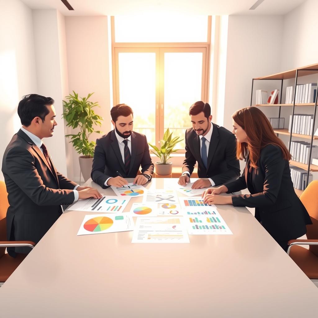 A comparative analysis of life insurance options, illustrated in an elegant office setting. In the foreground, a diverse group of professionals in smart business attire (two men and two women) are gathered around a sleek table, studying colorful charts and documents spread out before them. In the middle ground, a large window allows warm, natural light to stream in, enhancing the atmosphere of collaboration and decision-making. The background features a modern bookshelf filled with financial literature and a potted plant for a touch of greenery. The scene evokes a mood of focus, professionalism, and trust, ideal for conveying the importance of making informed choices in life insurance contracts.