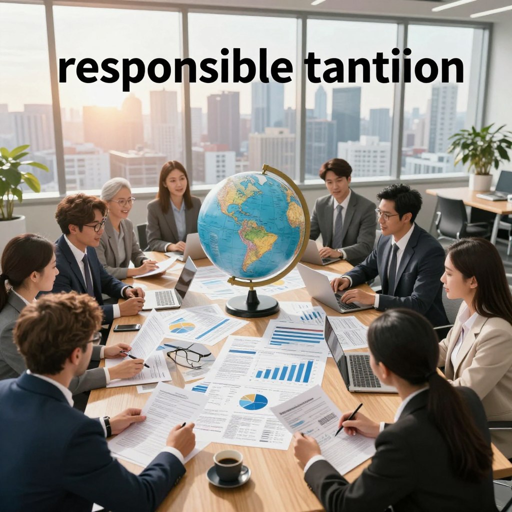 A conceptual illustration of "responsible taxation," focusing on the principles of public finance. In the foreground, a diverse group of professionals in business attire (various genders and ethnicities) collaboratively analyzing financial documents and charts. In the middle ground, a large wooden table covered with tax forms, laptops, and a globe symbolizing global finance, set in a modern office environment. The background features a large window with a city skyline, soft afternoon sunlight streaming in, creating a warm and productive atmosphere. The scene conveys a sense of collaboration and the importance of ethical finance. The angle is slightly elevated, showcasing both the people and the workspace in clarity and detail. The overall mood is optimistic and focused, reflecting current challenges in public finance management.